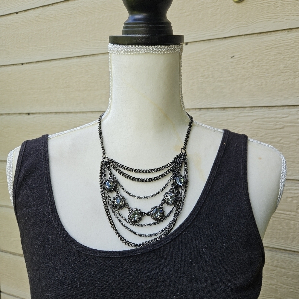 Talbots gunmetal layered chain and rhinestone necklace